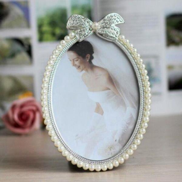 6 Inch Wedding White Crystal Pearl Bow Metal Photo Frame