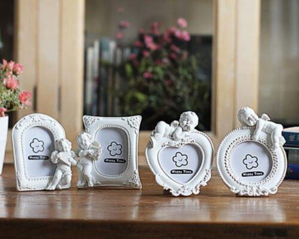 4 White Cupid Angle 2 Inch White Resin Mini Photo Frames