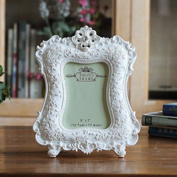 6 Inch Retro White Rose Flower Resin Horizontal Photo Frame