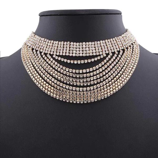 Rhinestone Multi Tassel Chokers Dangle Pendant Necklace