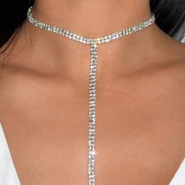 T Shape Crystal Long Necklace