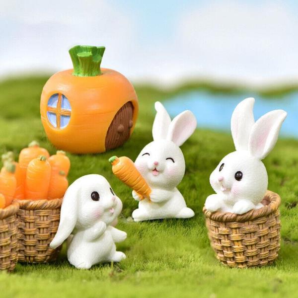 6 Cartoon Rabbit Carrot Resin Mini Sculpture Figurines