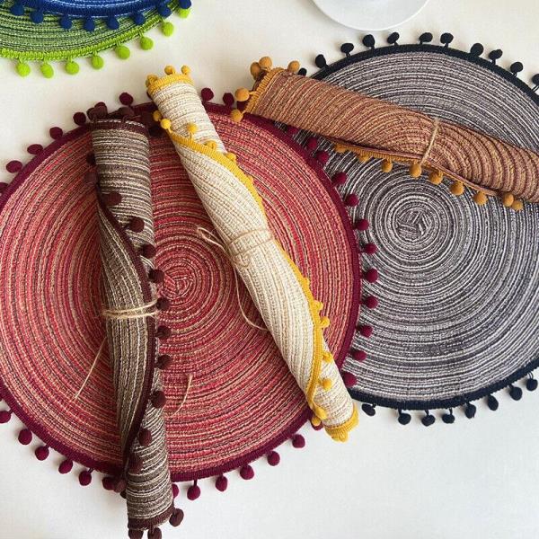 2 Bohemian Braid Woven Tassel Table Dining Placemats