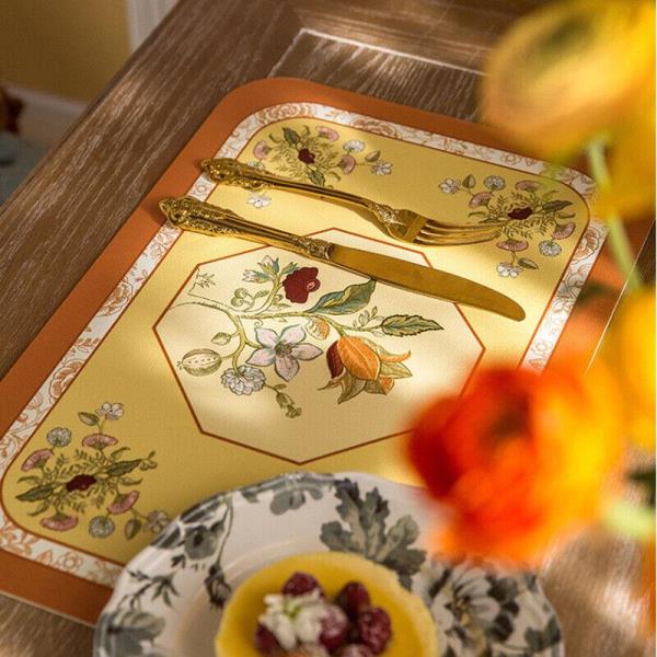 4 Pcs Retro Flower Leather Rectangle Table Dining Placemat