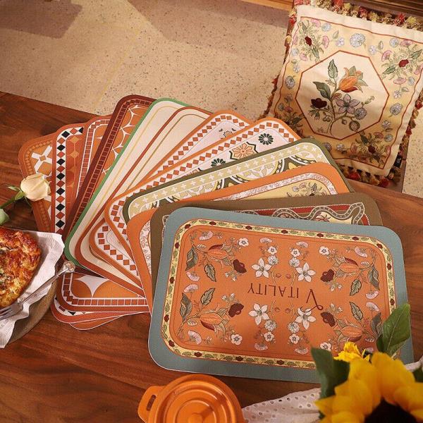 4 Pcs Retro Flower Leather Rectangle Table Dining Placemat