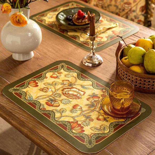 4 Pcs Retro Flower Leather Rectangle Table Dining Placemat