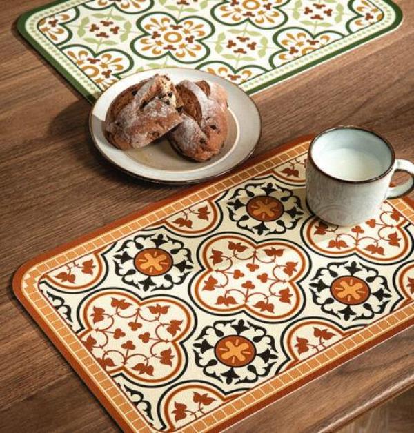 4 Pcs Retro Flower Leather Rectangle Table Dining Placemat