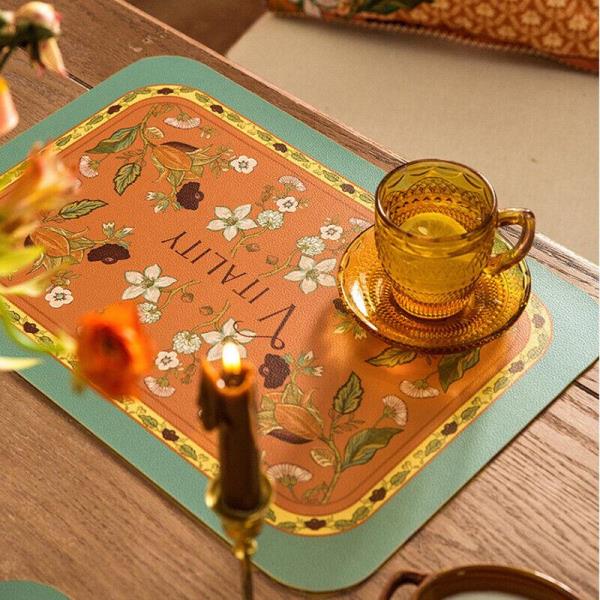 4 Pcs Retro Flower Leather Rectangle Table Dining Placemat