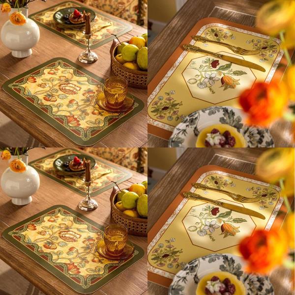 4 Pcs Retro Flower Leather Rectangle Table Dining Placemat