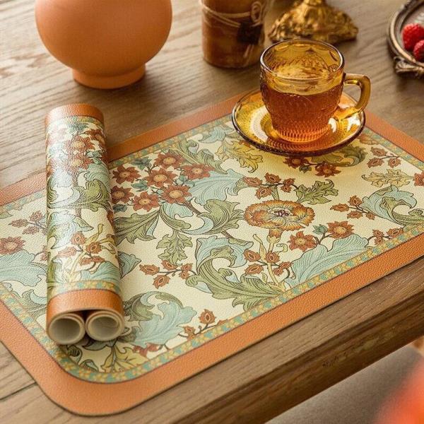 4 Pcs Retro Flower Leather Rectangle Table Dining Placemat