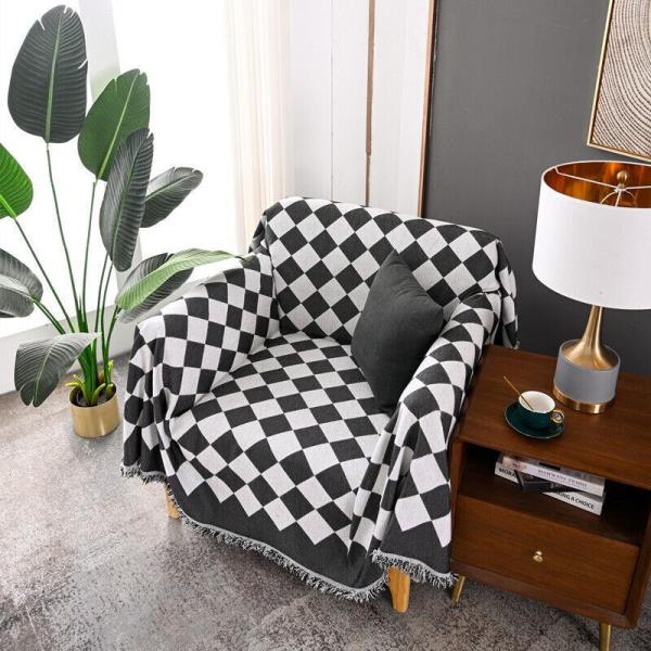 Nordic Black Plaid Tassel Single Sofa Cover Decor