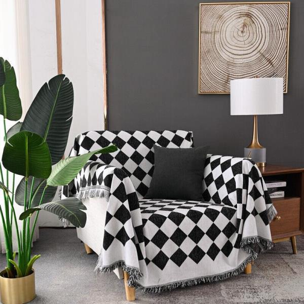 Nordic Black Plaid Tassel Single Sofa Cover Decor