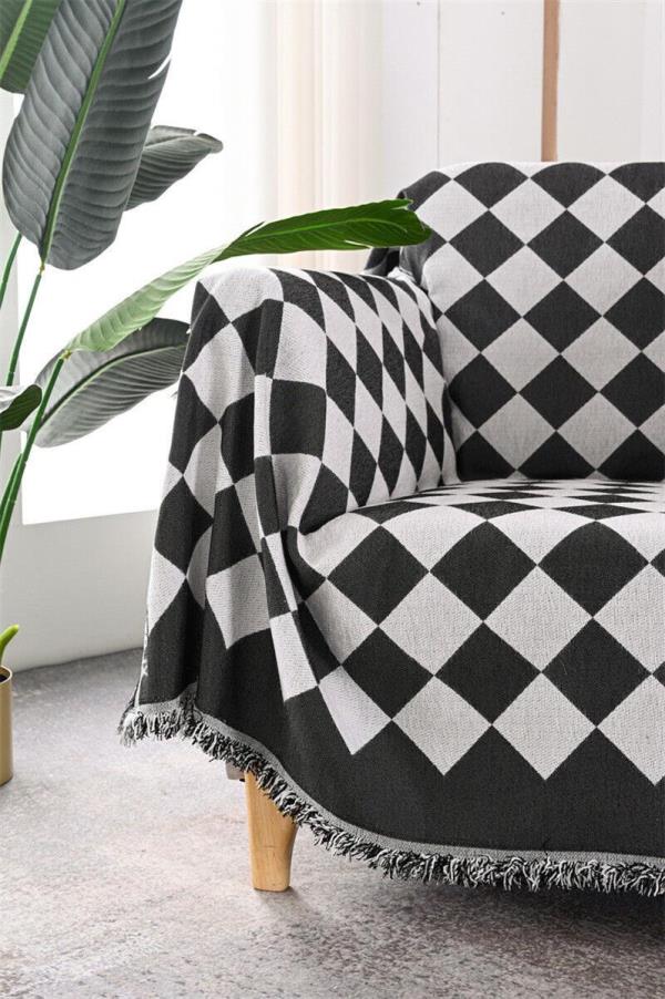 Nordic Black Plaid Tassel Single Sofa Cover Decor