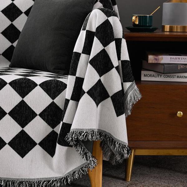 Nordic Black Plaid Tassel Single Sofa Cover Decor