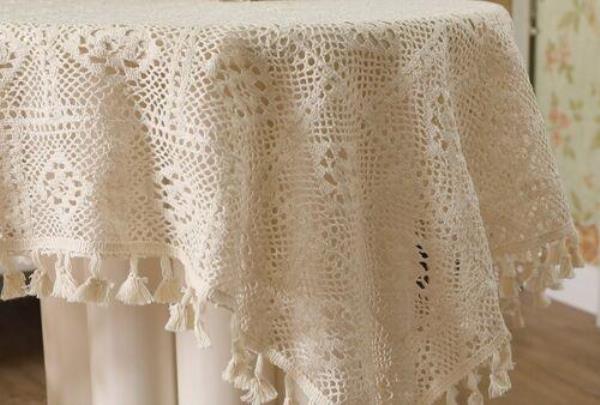 90 x 90 CM Square Cotton Off White Lace Tassel Tablecloth