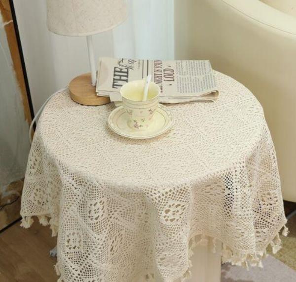 90 x 90 CM Square Cotton Off White Lace Tassel Tablecloth