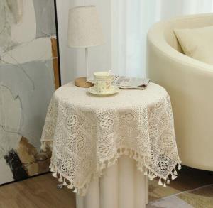 110 x 110 CM Square Cotton Off White Lace Tassel Crochet Doily Table Cloth