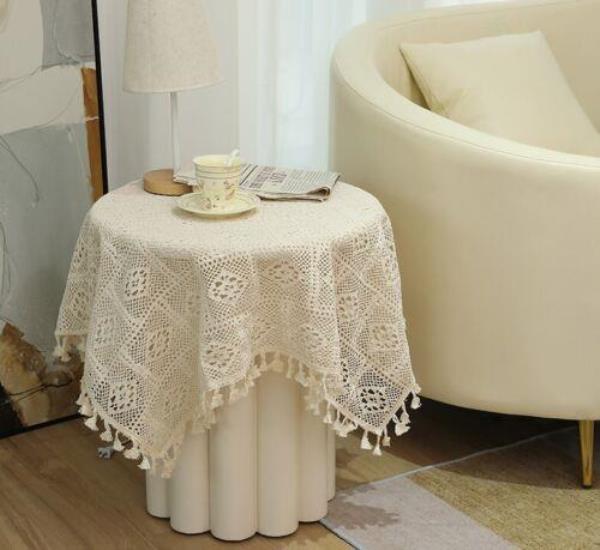 90 x 90 CM Square Cotton Off White Lace Tassel Tablecloth