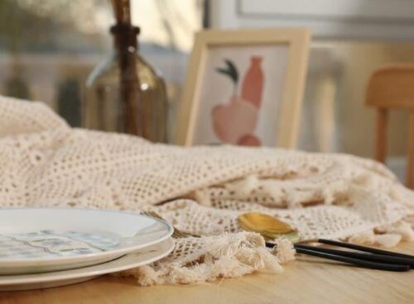 110 x 110 CM Square Cotton Off White Lace Tassel Crochet Doily Table Cloth