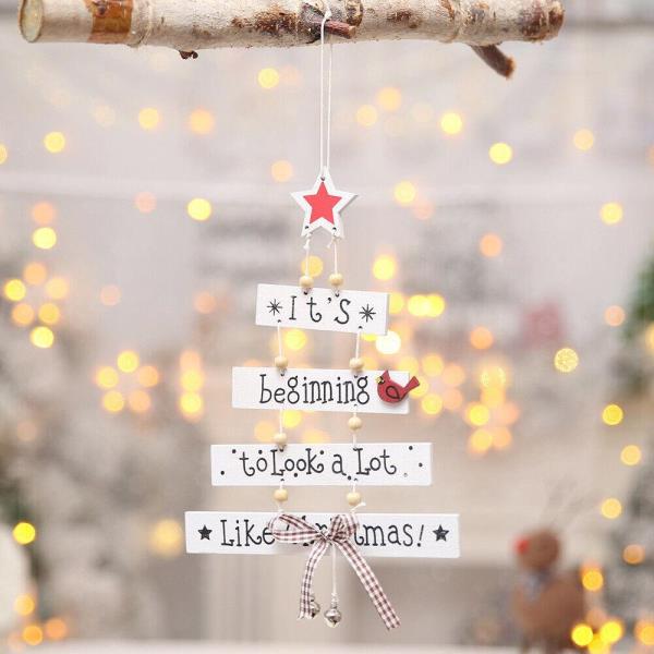 Christmas Tree Bell Snow Wooden Hanging Ornament