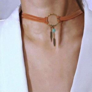 Retro Gypsy Brown Faux Leather Metal Leaf Pendant Choker