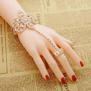 Gothic Flower Rhinestone Tassel Chain Ring Bracelet