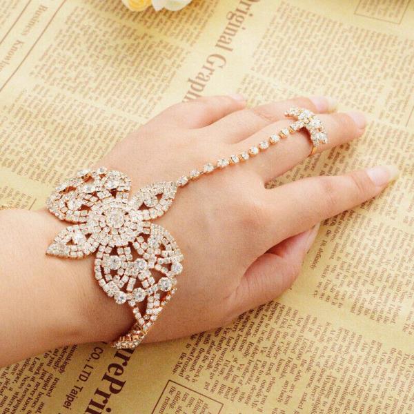 Gothic Flower Rhinestone Tassel Chain Ring Bracelet