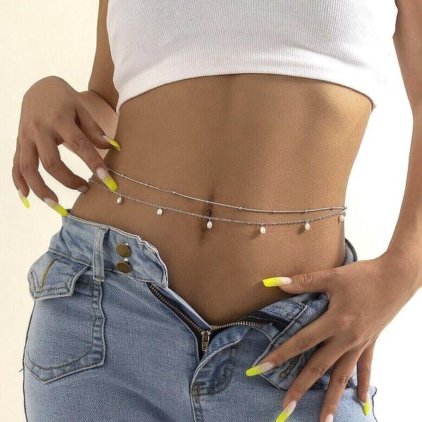 Bikini White Pearl Tassel Waist Body Chain