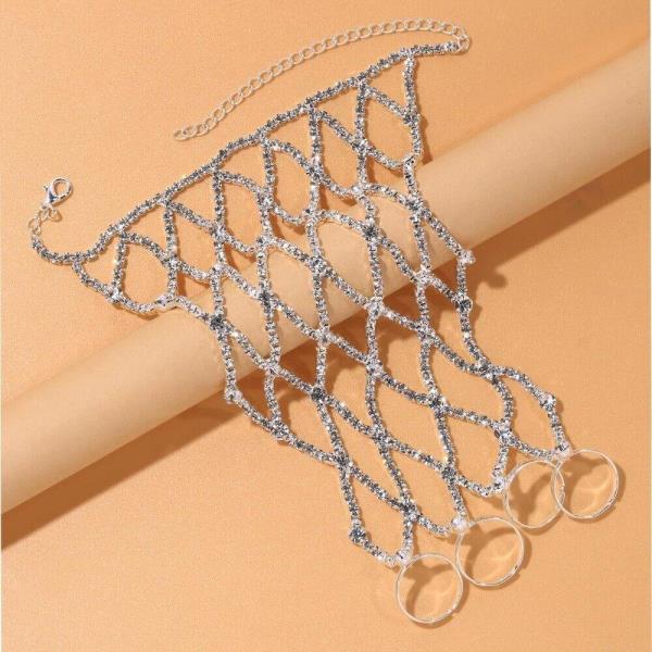 Glitter Rhinestone Woven Finger Ring Chain Bracelet