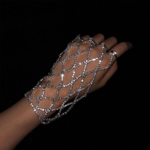 Glitter Rhinestone Woven Finger Ring Chain Bracelet