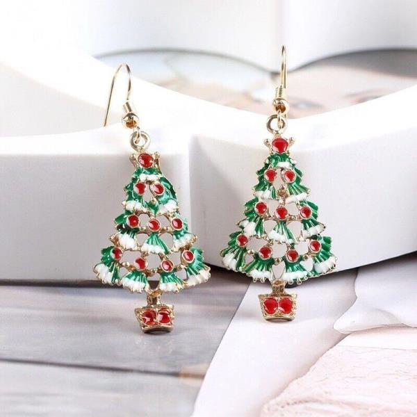 Green Christmas Tree Metal Enamel Long Drop Dangle Earrings