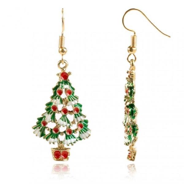 Green Christmas Tree Metal Enamel Long Drop Dangle Earrings