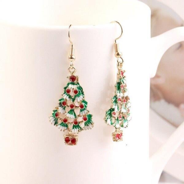 Green Christmas Tree Metal Enamel Long Drop Dangle Earrings