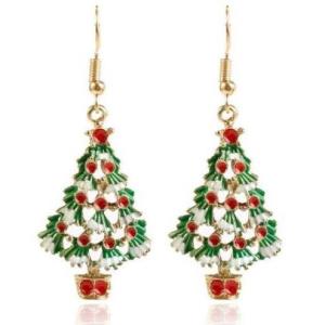 Green Christmas Tree Metal Enamel Long Drop Dangle Earrings