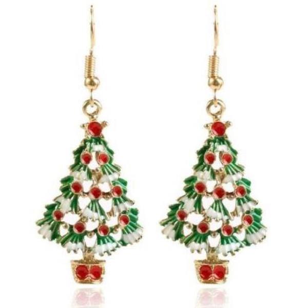 Green Christmas Tree Metal Enamel Long Drop Dangle Earrings