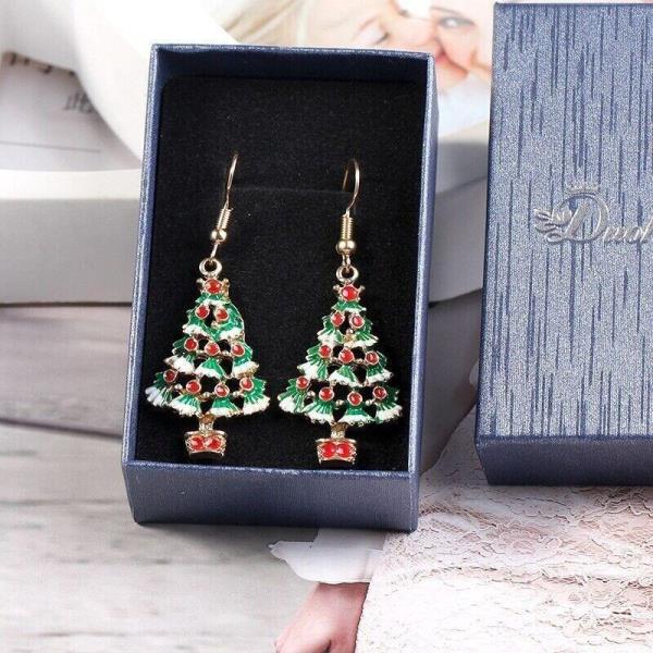 Green Christmas Tree Metal Enamel Long Drop Dangle Earrings