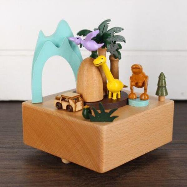 Wooden Dinosaur Chasing Spinning Wheel Music Box Decoration