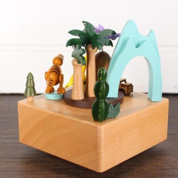 Wooden Dinosaur Chasing Spinning Wheel Music Box Decoration