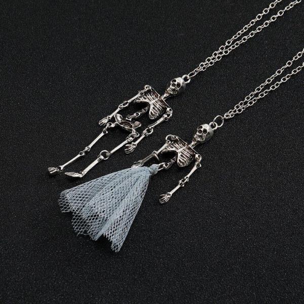 2 Halloween Silver Scary Skeleton Couple Necklaces