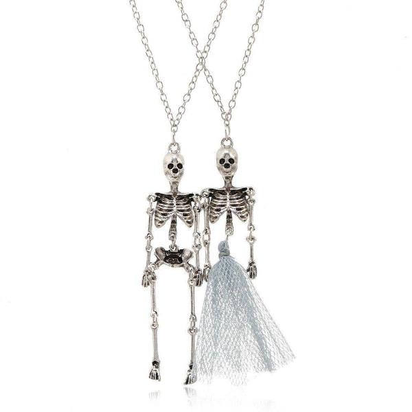 2 Halloween Silver Scary Skeleton Couple Necklaces