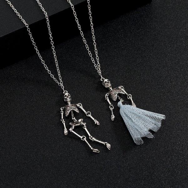 2 Halloween Silver Scary Skeleton Couple Necklaces