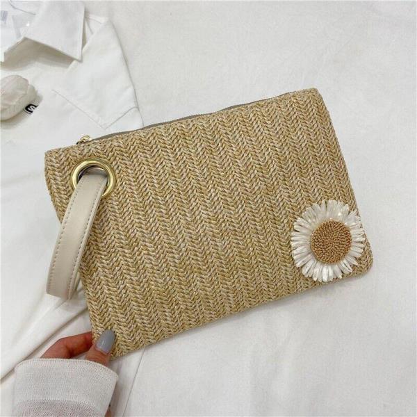 Daisy Flower Woven Straw Envelop Clutch Evening Bag