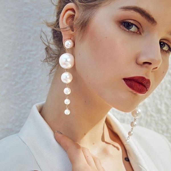 Stunning White Pearl Long Dangle Pendant Drop Earrings