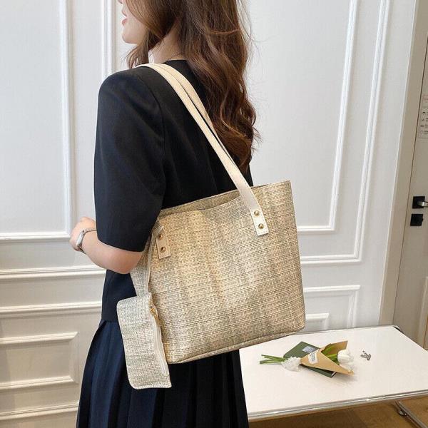 2 Pcs Woven Straw Tote Cosmetic Handbag Set