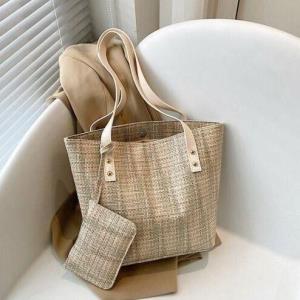 2 Pcs Woven Straw Tote Cosmetic Handbag Set