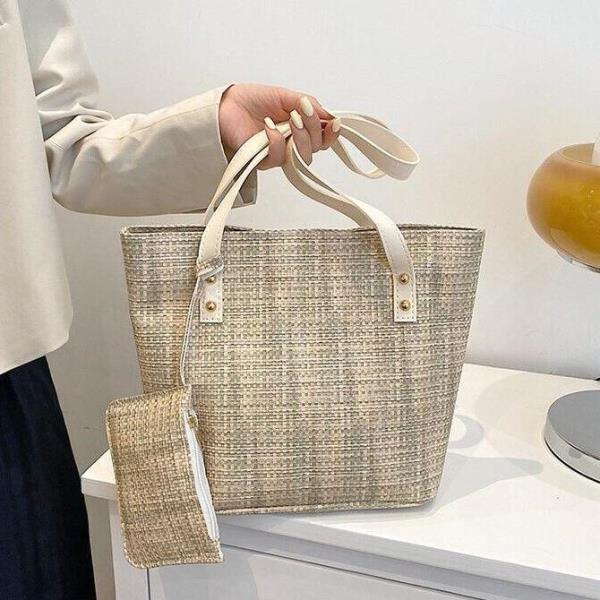 2 Pcs Woven Straw Tote Cosmetic Handbag Set