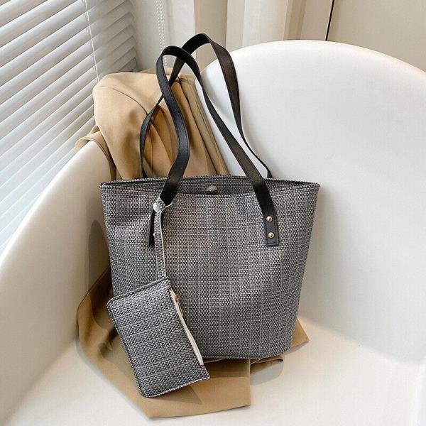 2 Pcs Woven Straw Tote Cosmetic Handbag Set