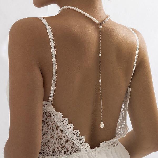 White Pearl Necklace Back Body Chain