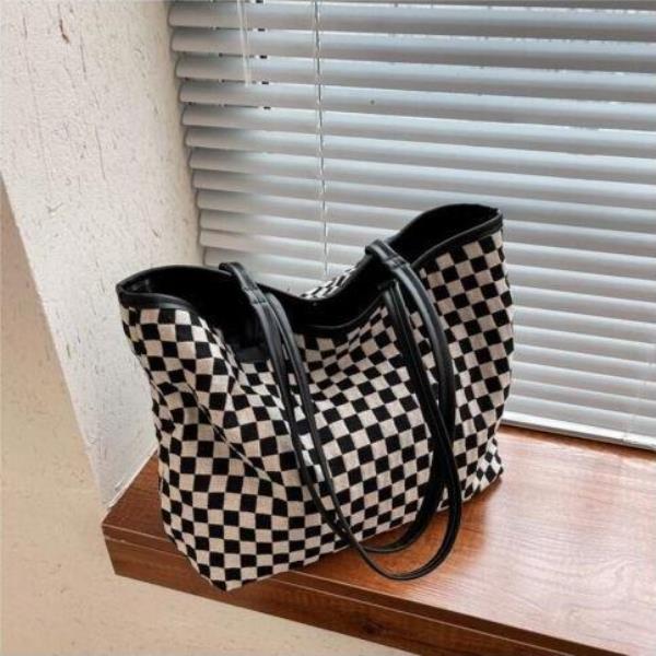 2 Pcs Black White Retro Plaid Cloth Tote Cosmetic Bag Set