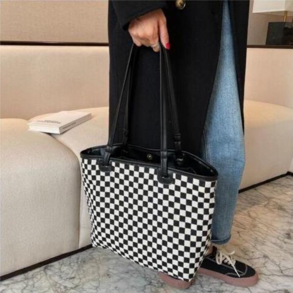 2 Pcs Black White Retro Plaid Cloth Tote Cosmetic Bag Set